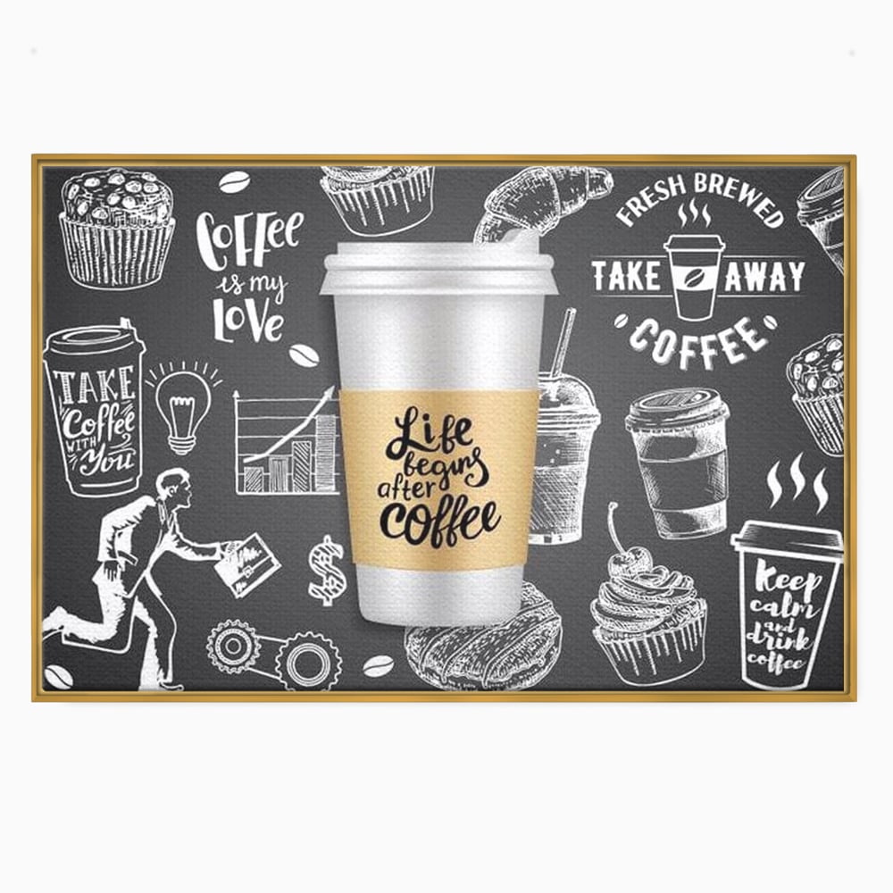 Tablou canvas cu ilustratie tip tabla cu cafea, in rama de aluminiu auriu